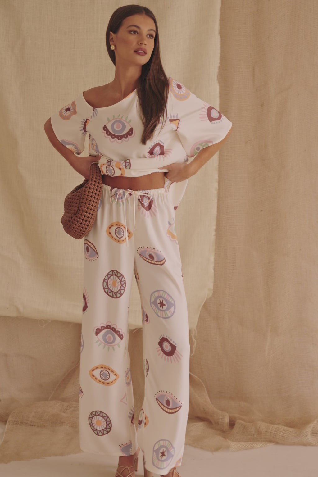 Cream Matia Print Elastic Drawstring Grace Pants