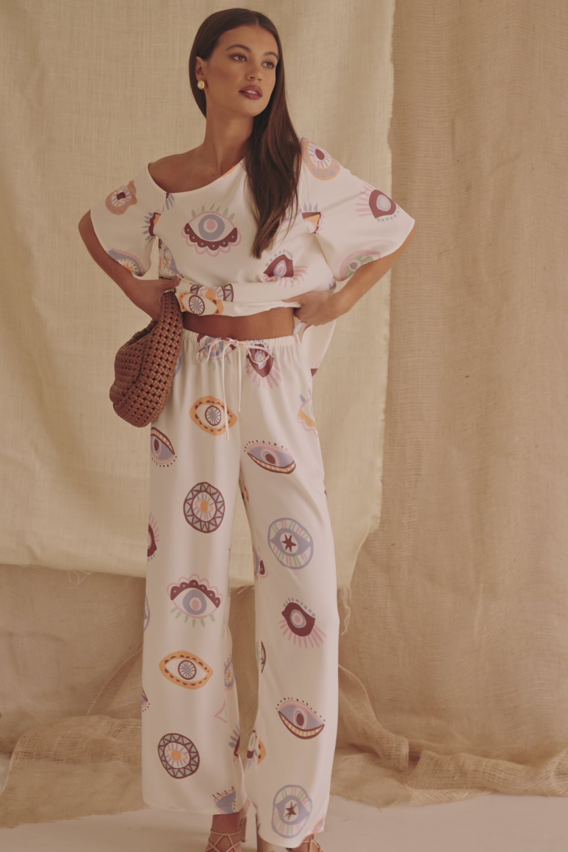 Cream Matia Print Elastic Drawstring Grace Pants