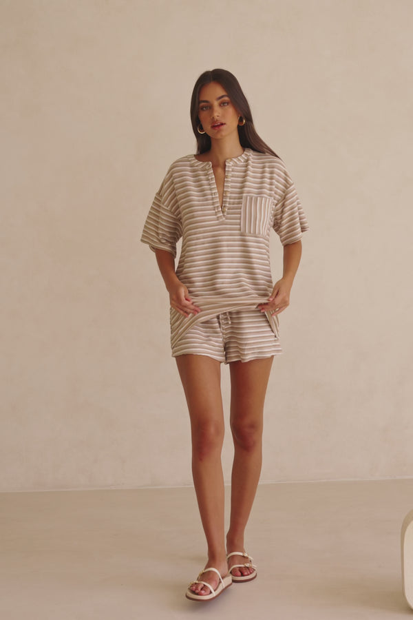 Tan Textured Short Sleeve Button Detail Rhi Top