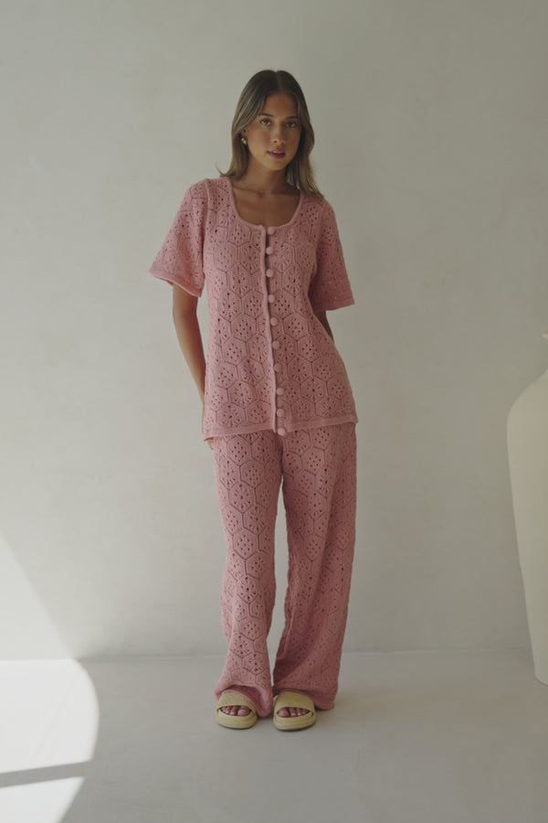 Blush Pink Crochet Knit Button Up Umiko Top