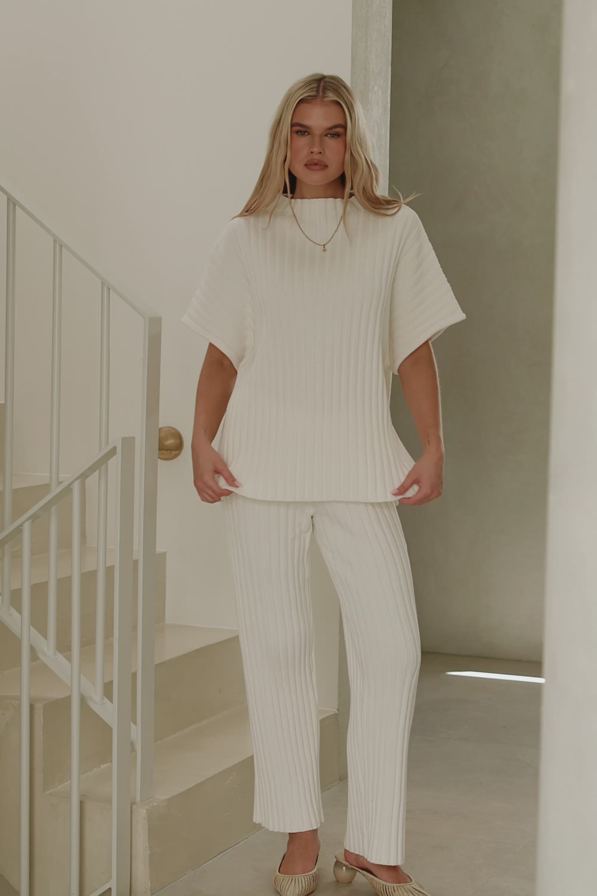 White Ribbed Knit High Waist Elastic Celine Pants