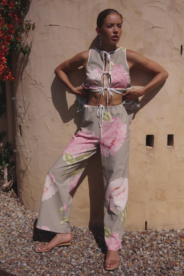 Fiori Green Floral Print Drawstring Malani Pants