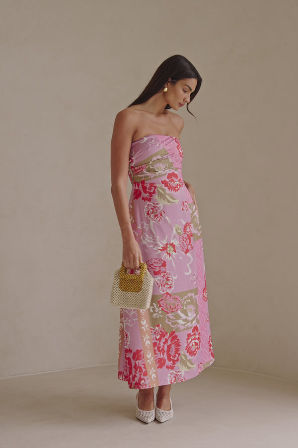 Pink Botanic Patch Floral Strapless Maxi Liberty Dress