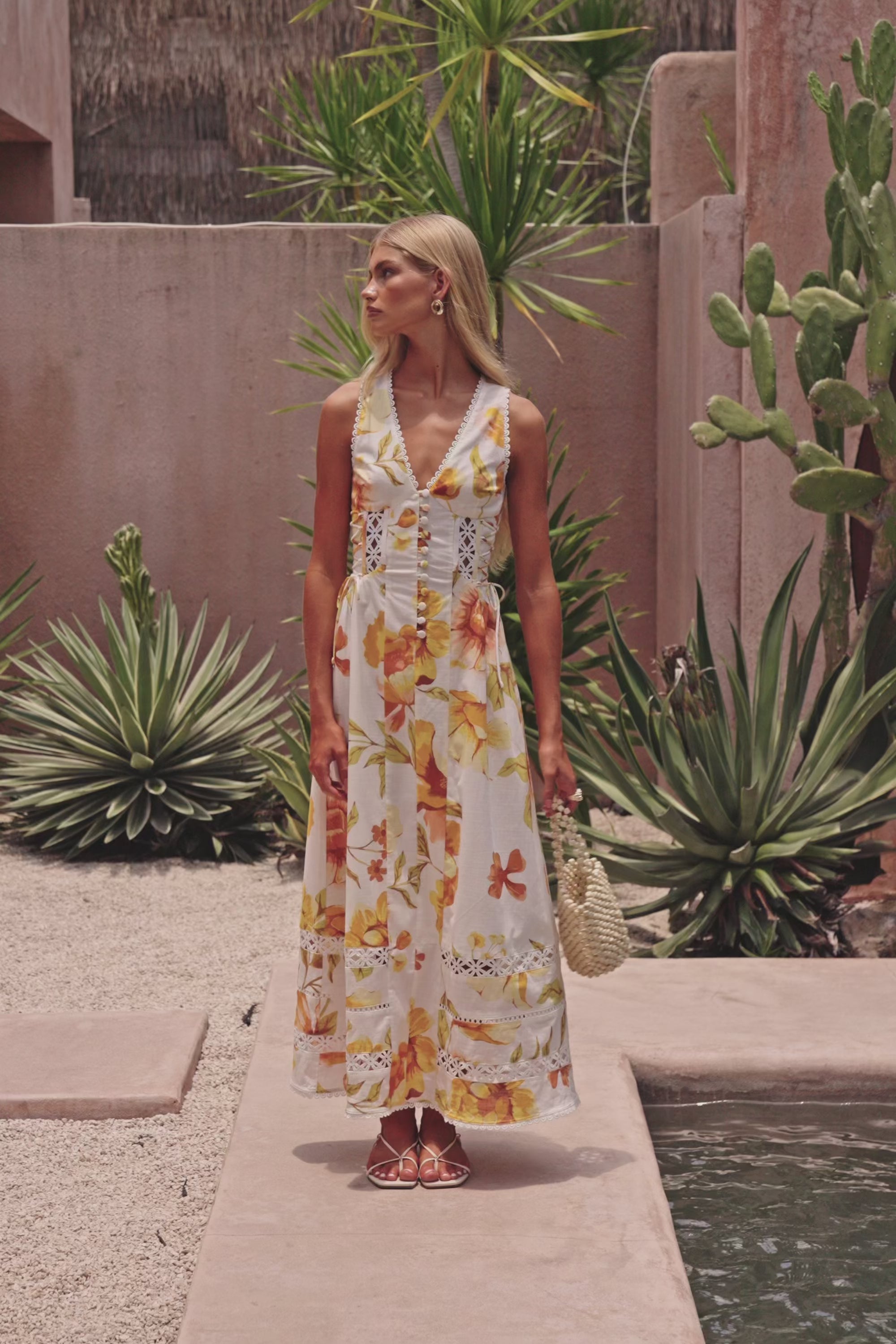 White Agalia Floral Print V Neck Maxi Clover Dress