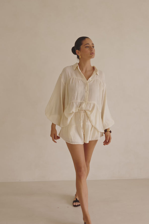 Cream High Waist Drawstring Panelled Huxley Shorts