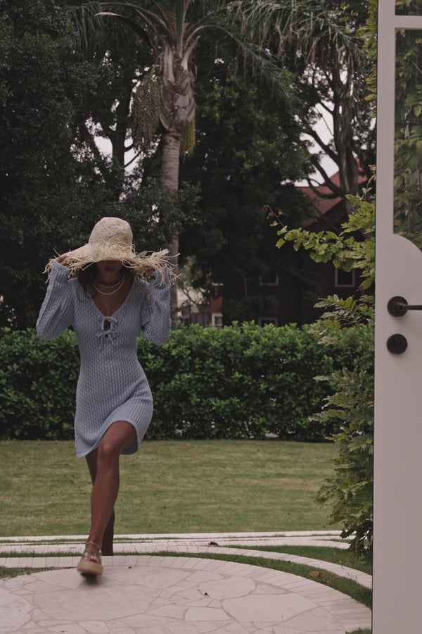 Nara Long Sleeve Mini Tie Knit Dress - Blue