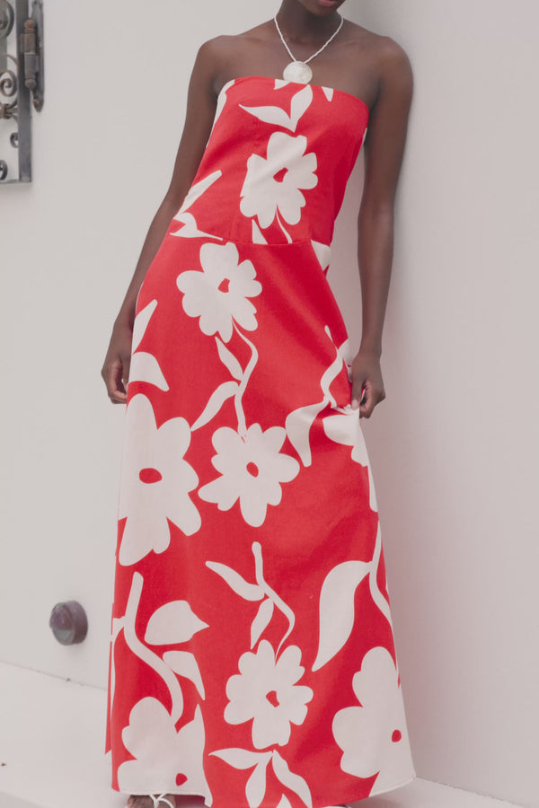Red Sweet Caroline White Floral Strapless Maxi Wynona Dress