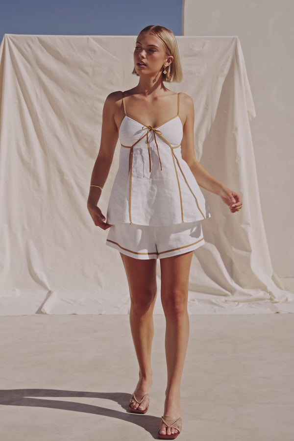White Linen-Cotton Elastic Drawstring Jayne Shorts