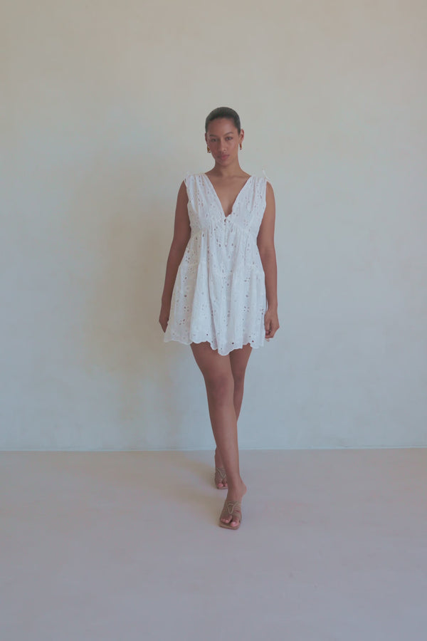 White Button V Neck Mini Kai Dress