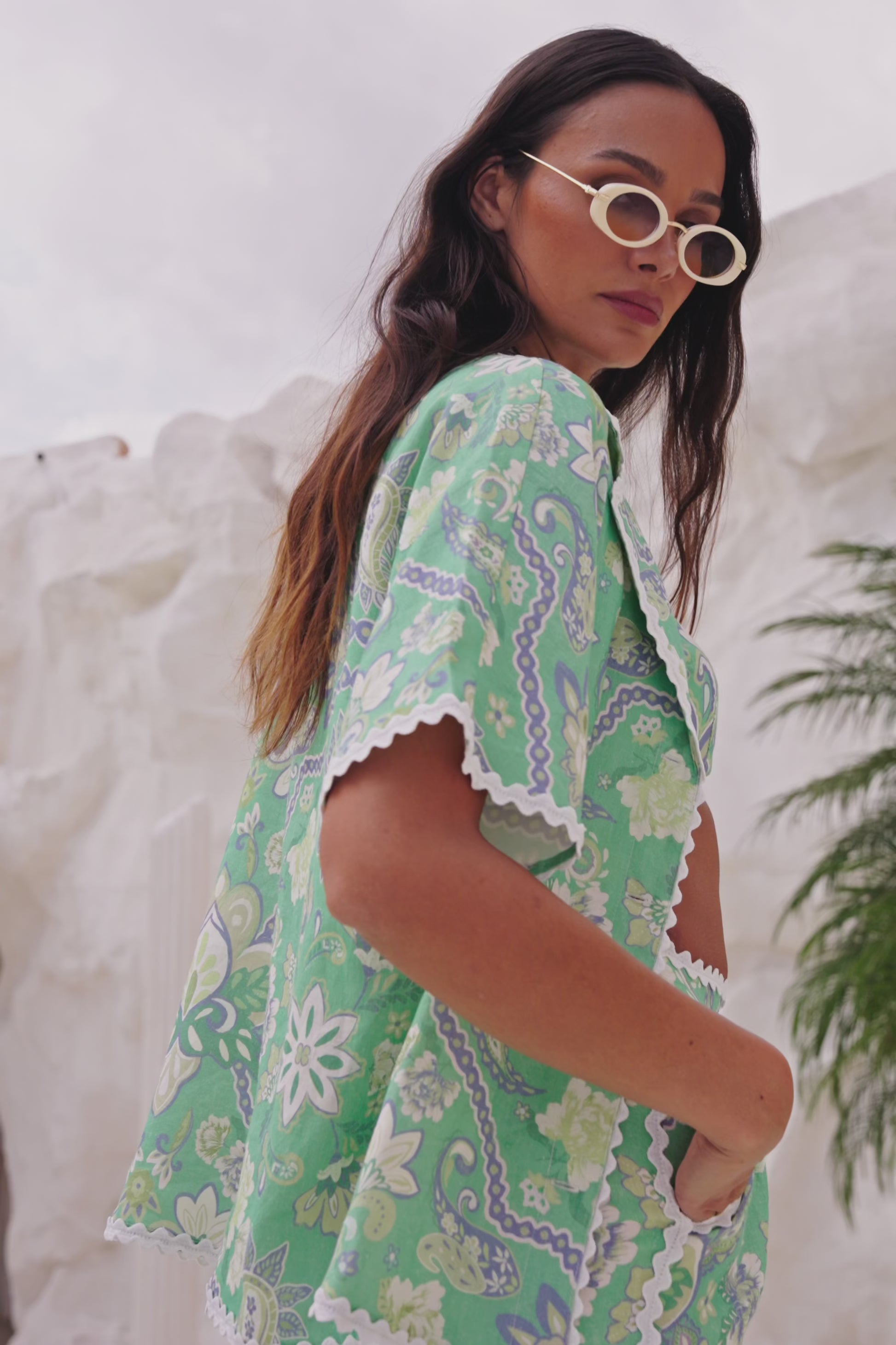 Green Floral Keritage print Button Up Kelia Shirt