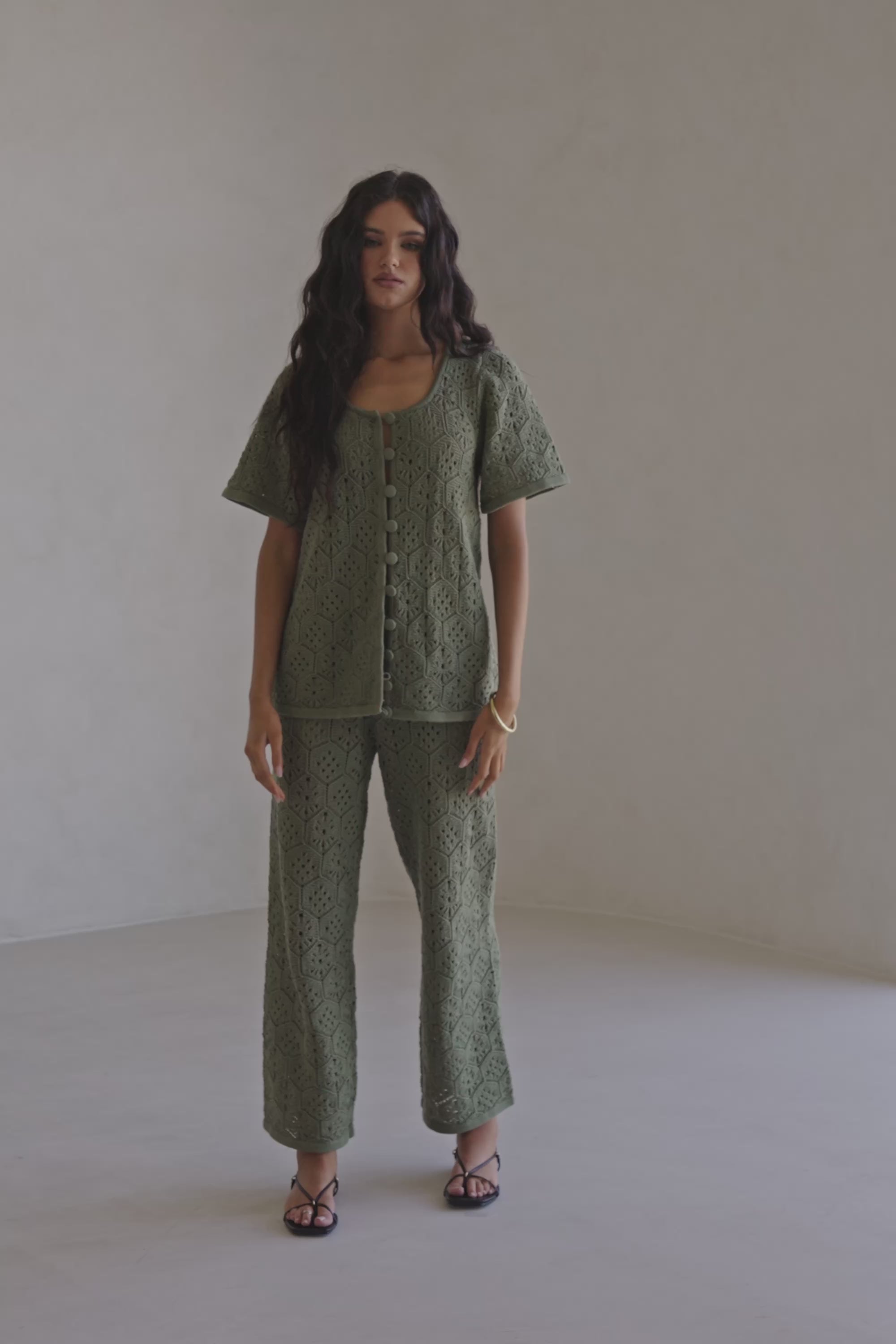 Khaki Green Crochet Knit Button Up Umiko Top