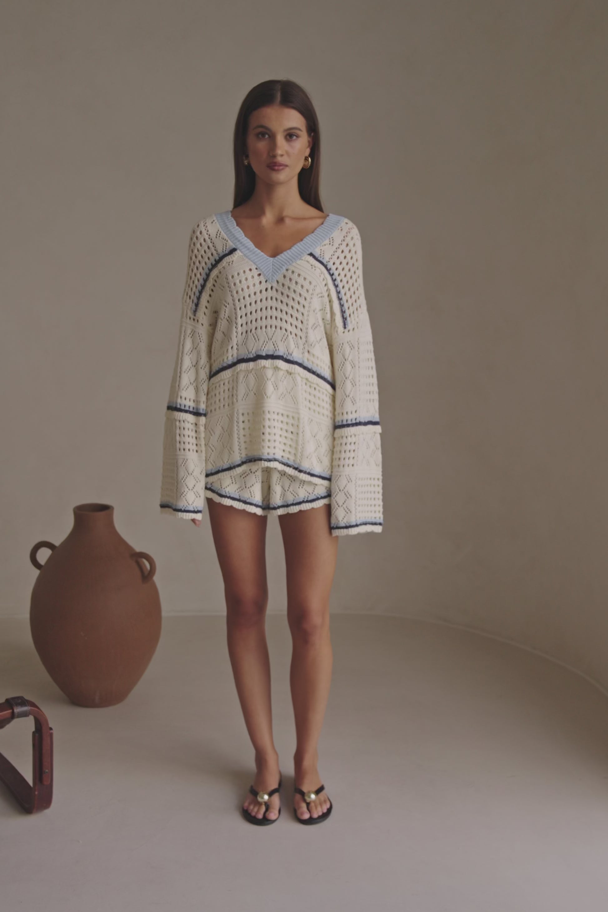 Cream Cotton Crochet Knit Long Sleeve Boxy Balia Top