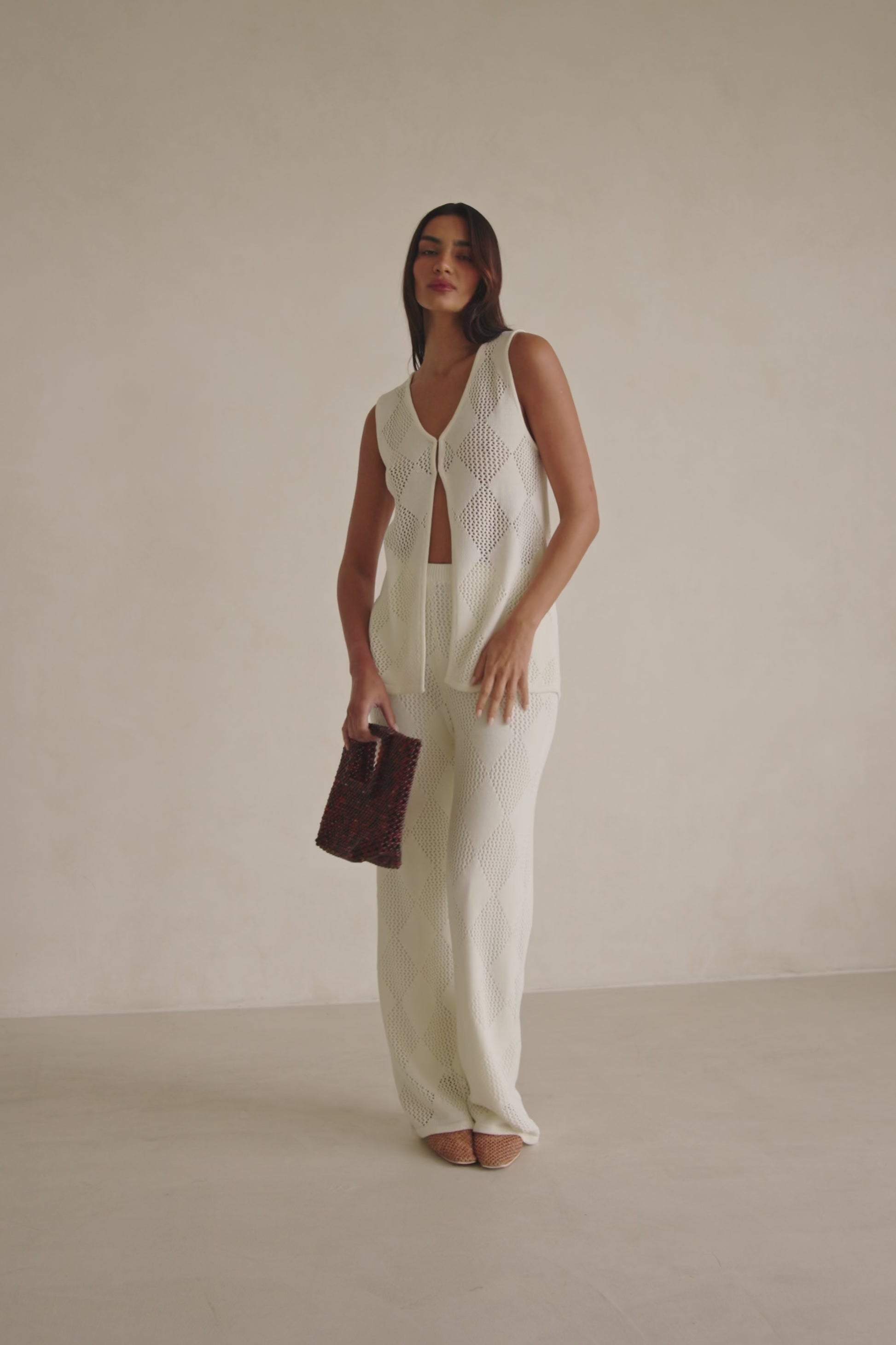 Cream Knit V Neck Blanca Top