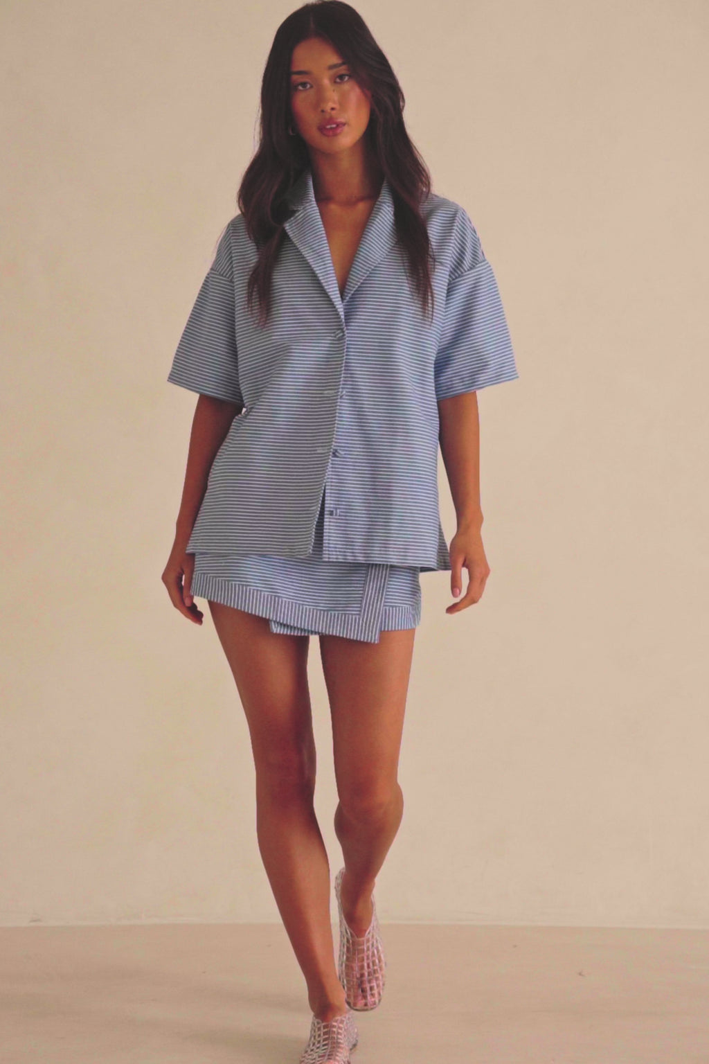 Blue Stripe Button Up Collar Short Sleeve Alyssia Top