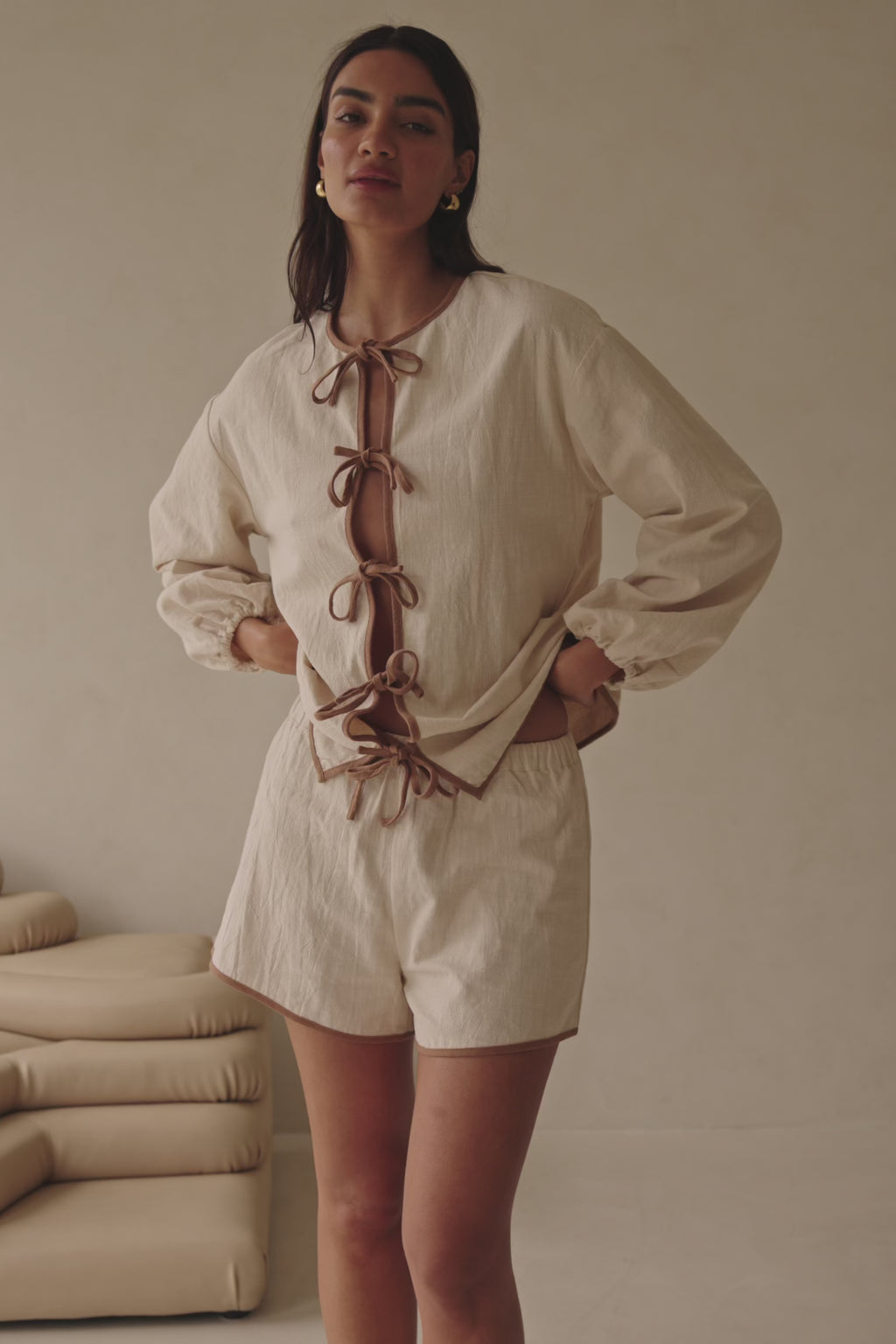 Beige High Waist Elastic Drawstring Paloma Shorts