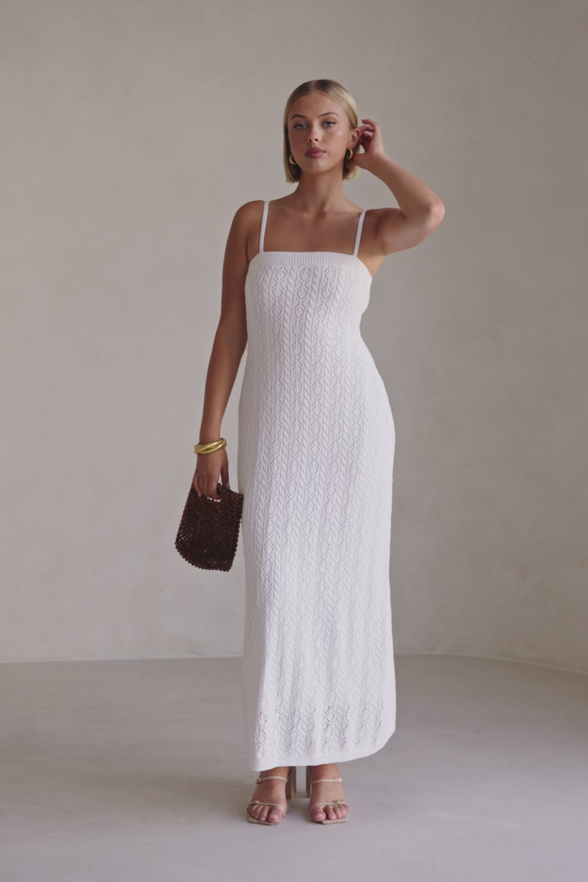 White Crochet Knit Strappy Maxi Trieste Dress