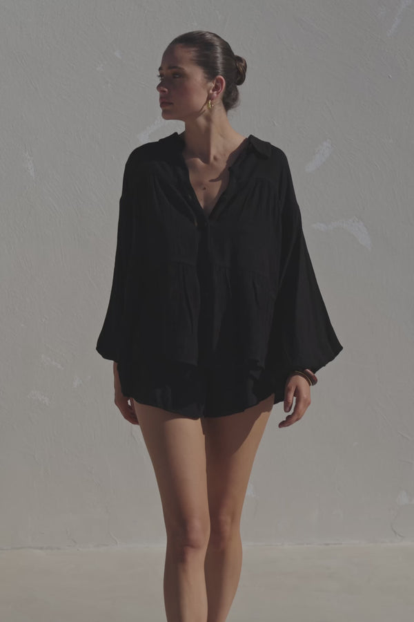 Huxley Panelled Button Up Collared Long Sleeve Top - Black