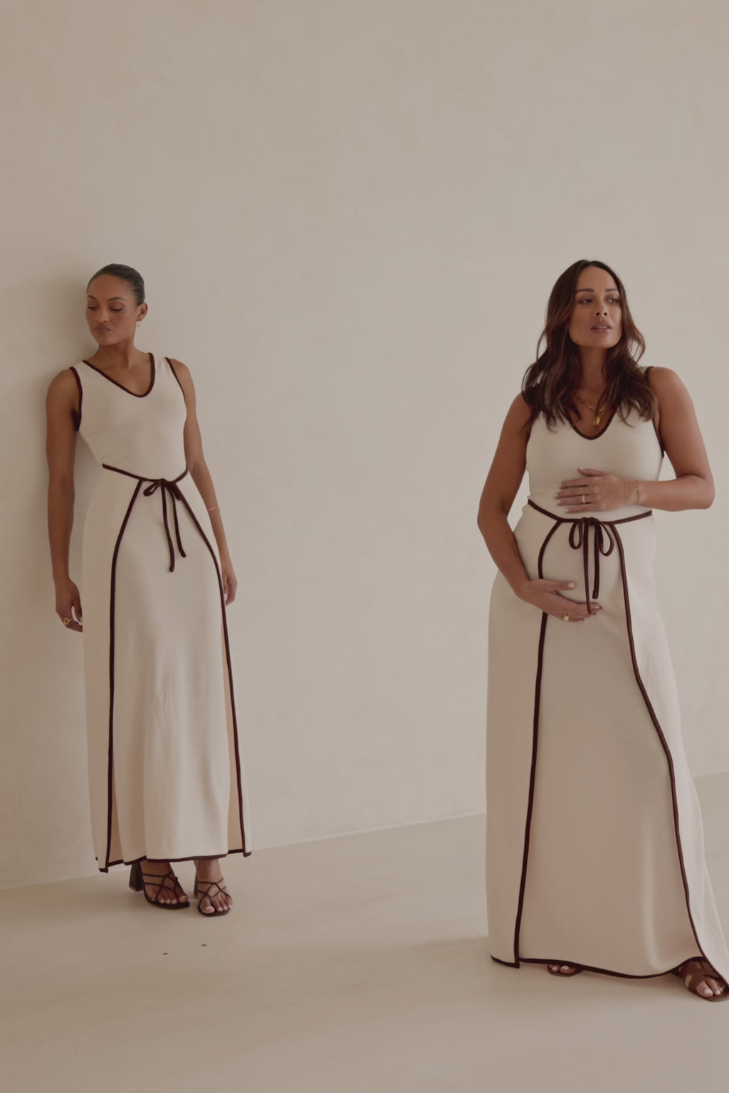 Jazmin V Neckline Tie Maxi Dress - Beige, Brown