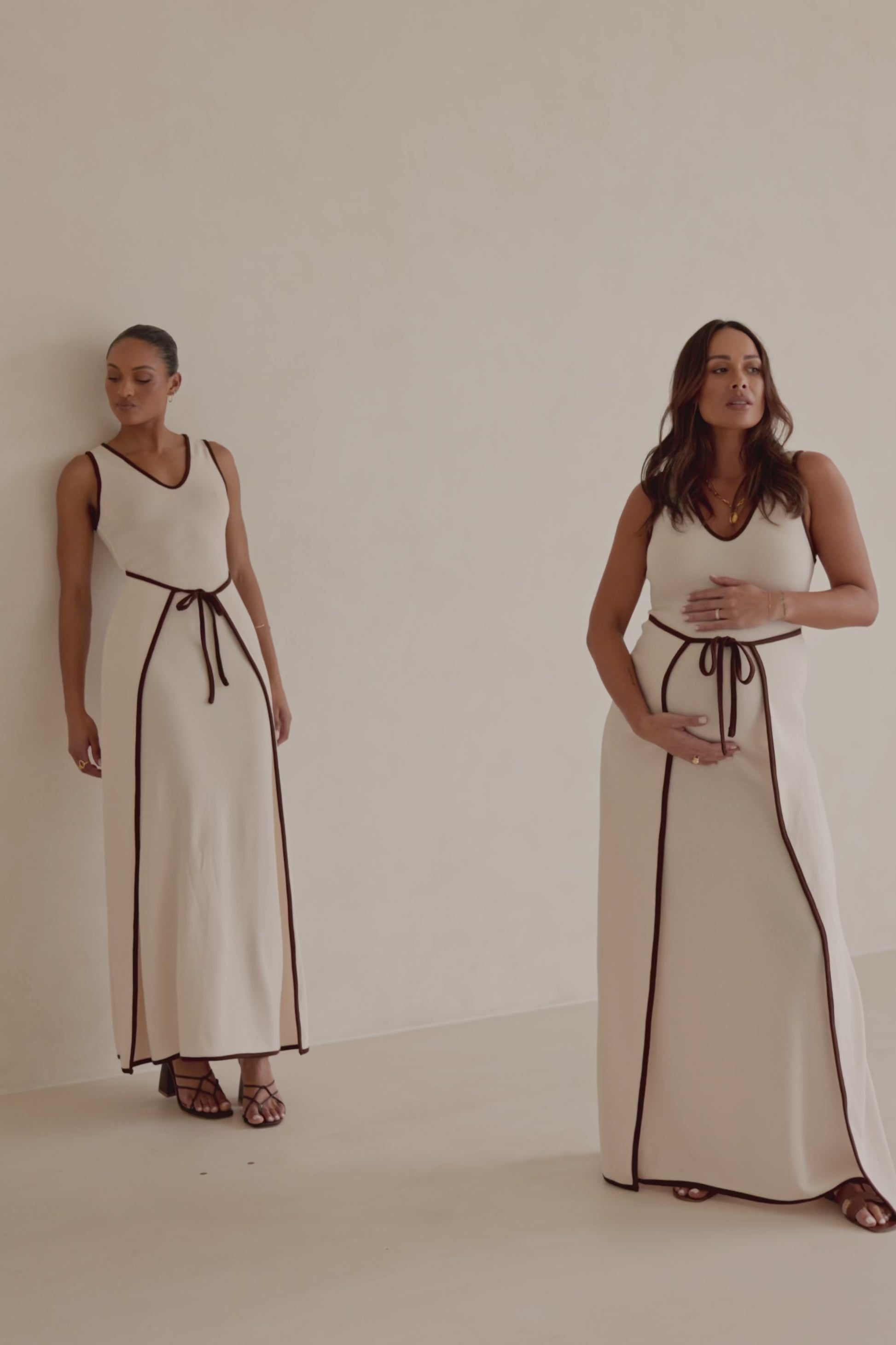 Jazmin V Neckline Tie Maxi Dress - Beige, Brown