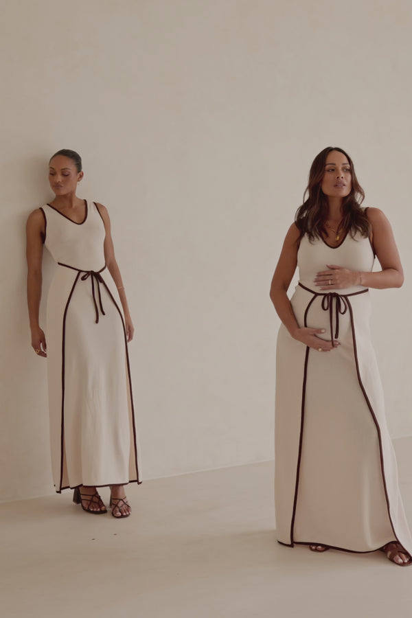 Jazmin V Neckline Tie Maxi Dress - Beige, Brown