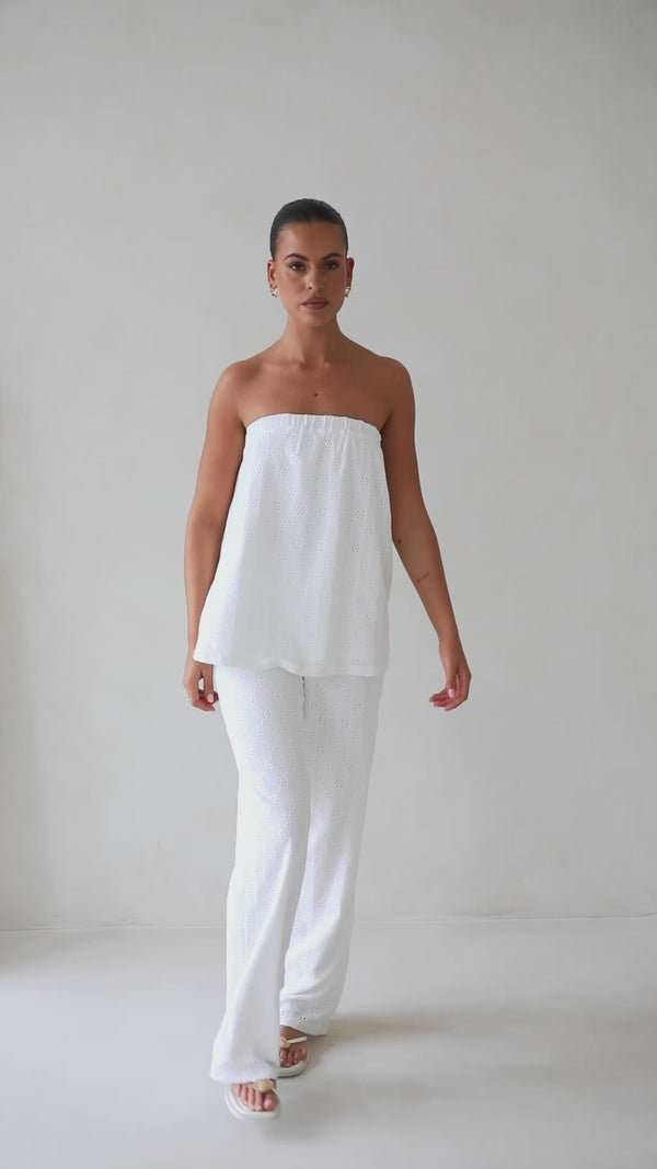 White Elastic Gathered Strapless Ellira Top