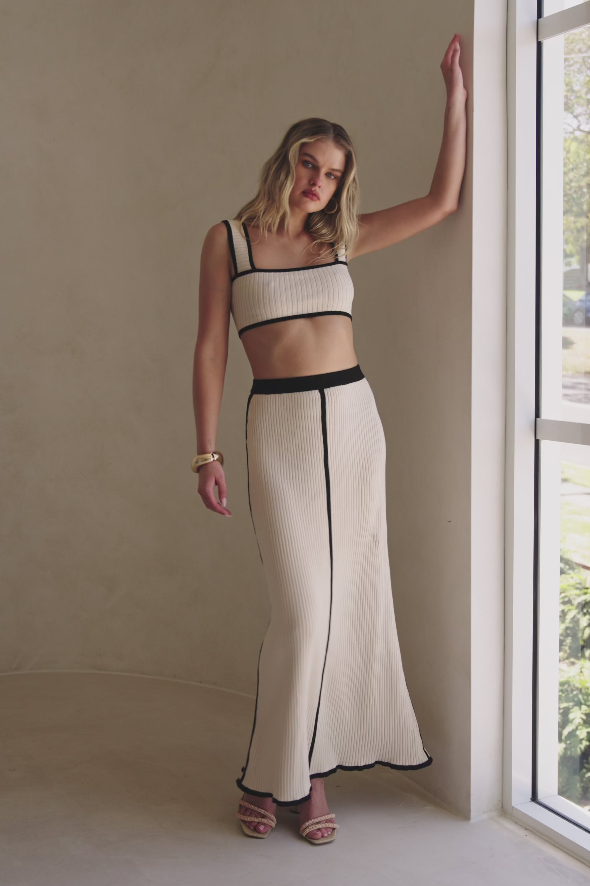 Beige Ribbed High Waist Maxi Leilani Skirt