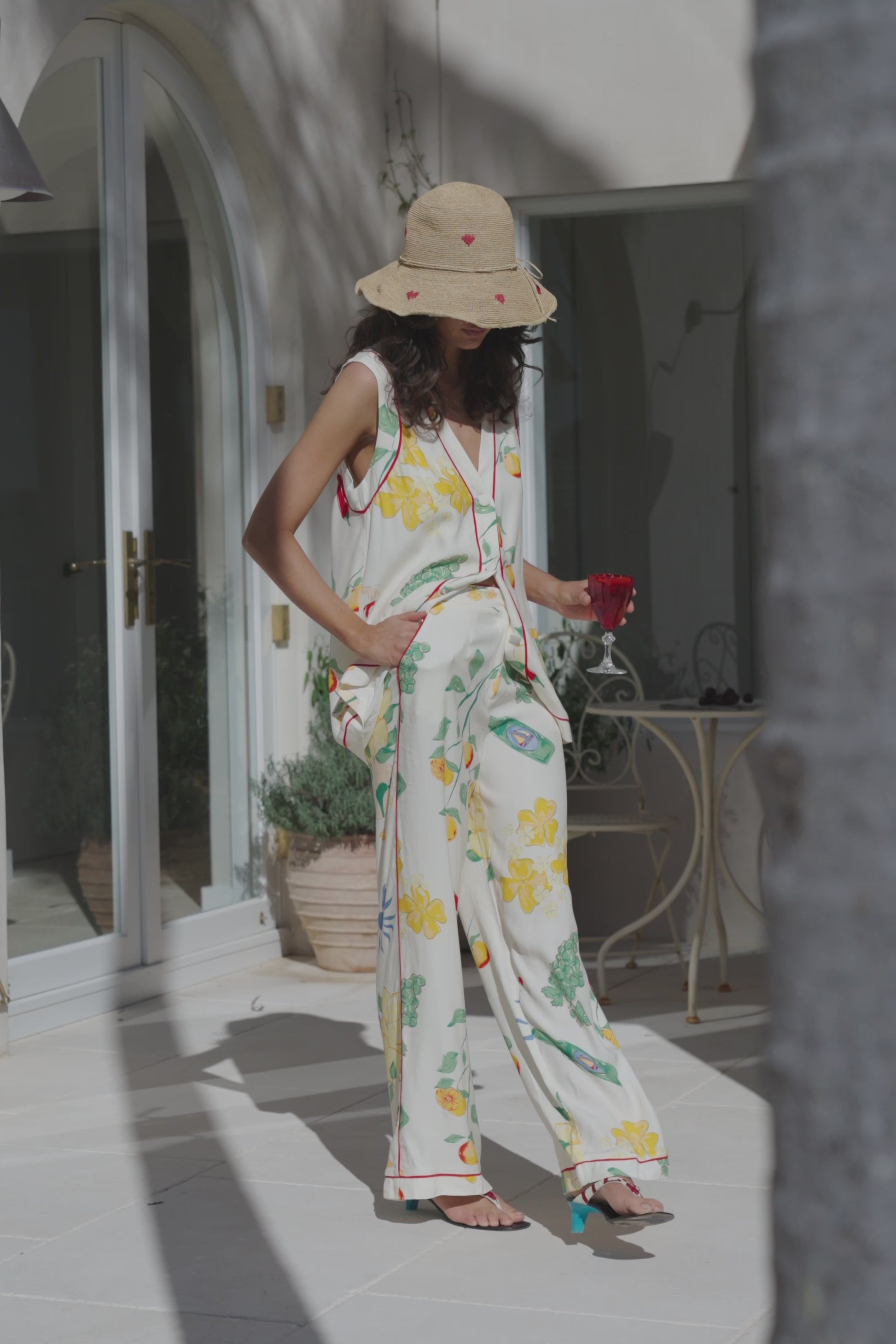 Izabelle V Neck Button Up Top - White, Yellow, Green & Blue Aesta Floral Print
