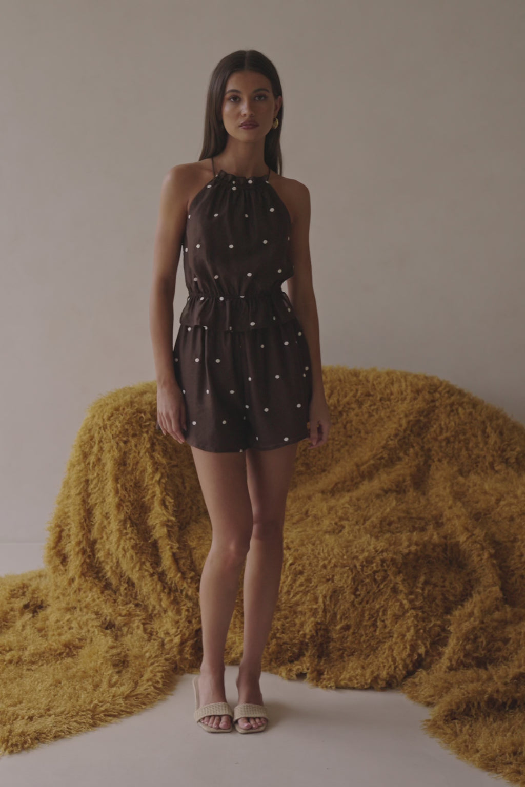 Chocolate Speck Polka Dot Halter Backless Adira Playsuit