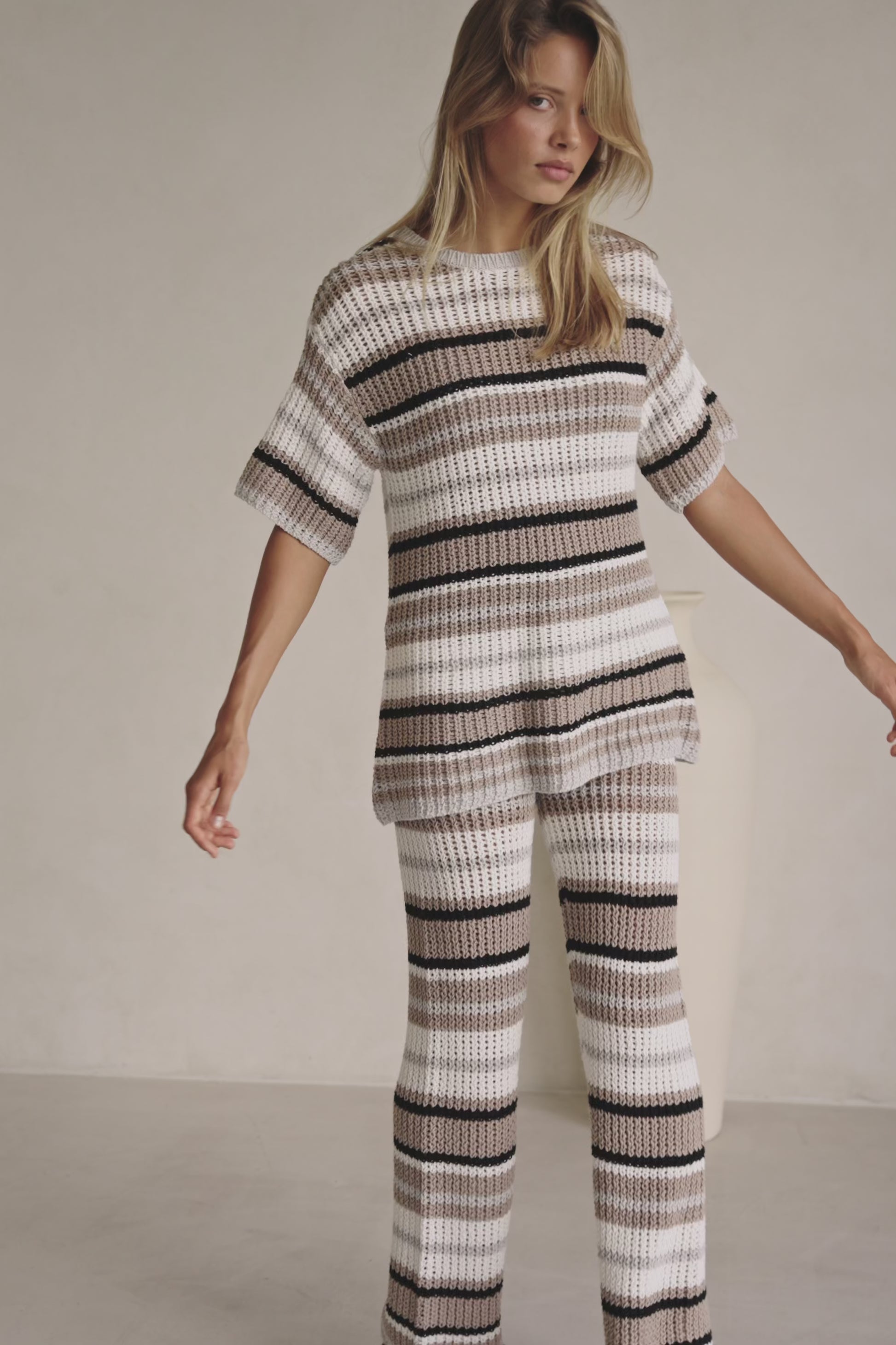 Tan and White Stripe Knit Java Top