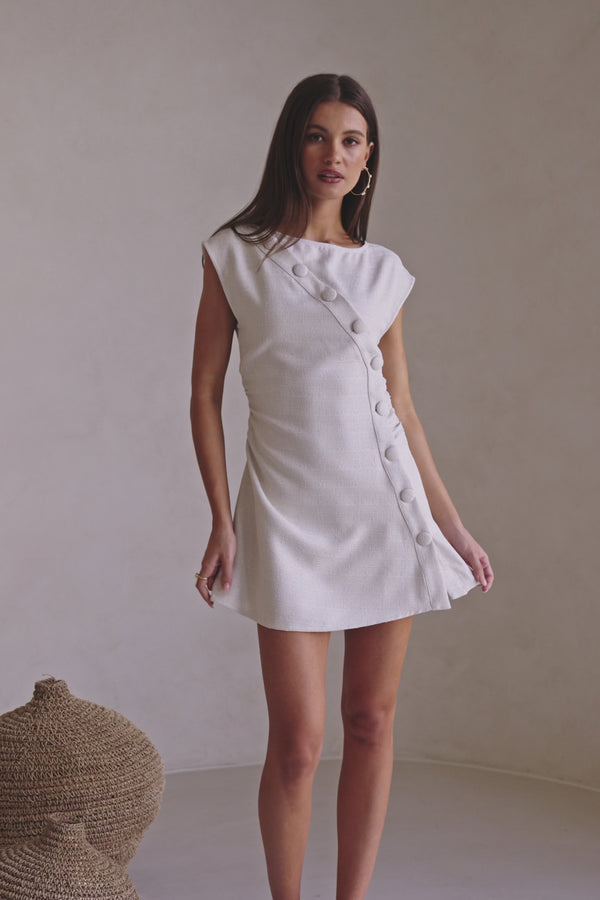 Beige Button Flared Mini Leighton Dress