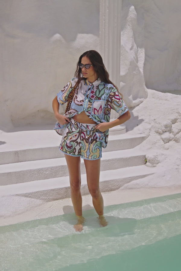 Blue Floral Paradesios Print Belt Cassia Shorts