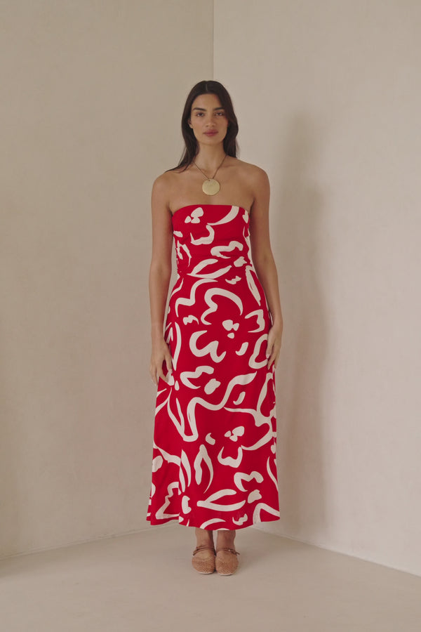 Red Fila Rogue Floral Print Strapless Maxi Liberty Dress