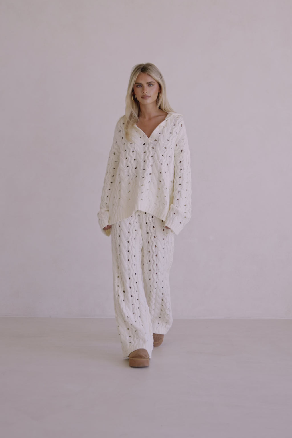 Cream Cable Knit High Waist Wide Leg Elana Pants