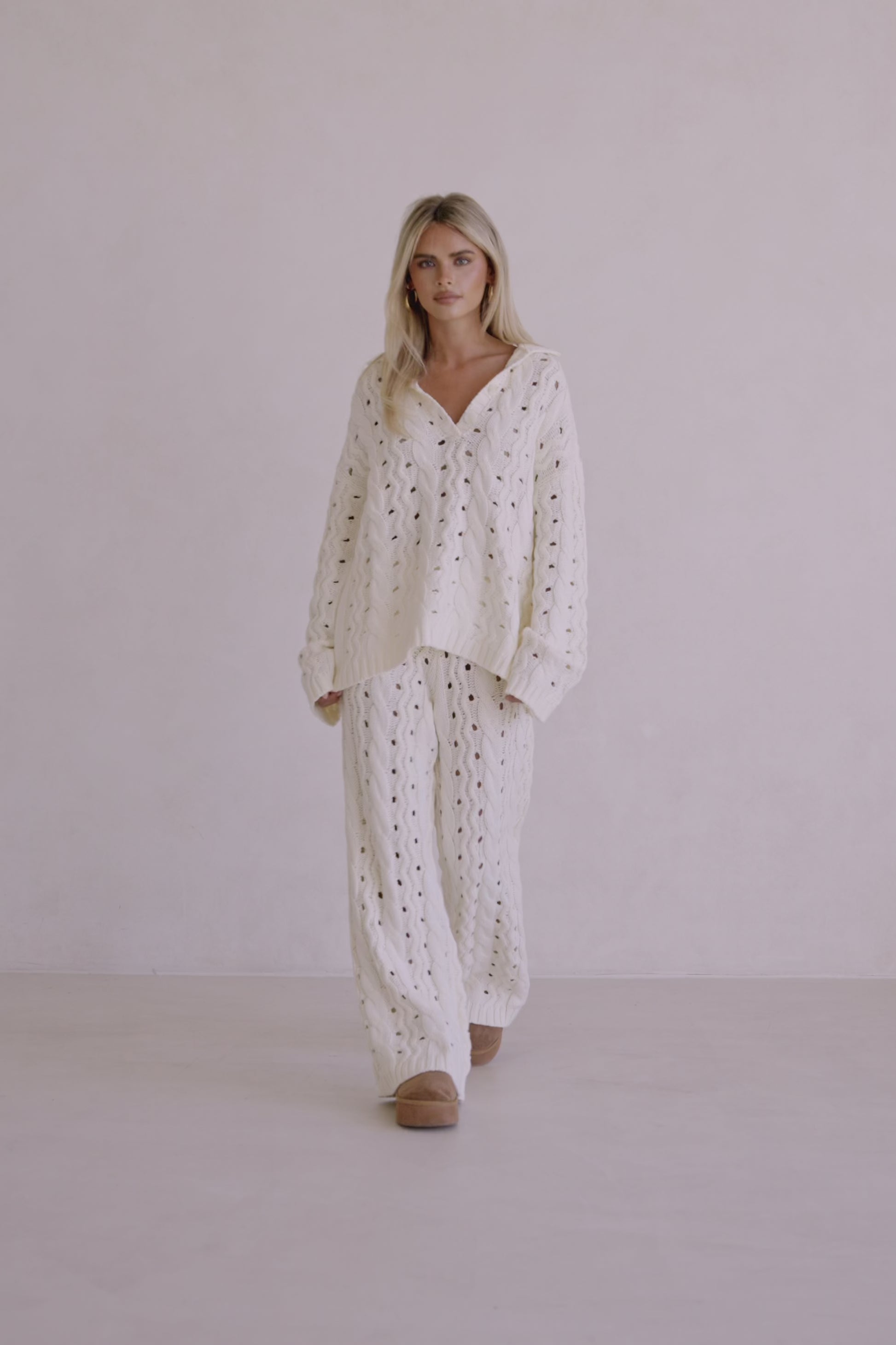 Cream Cable Knit High Waist Wide Leg Elana Pants