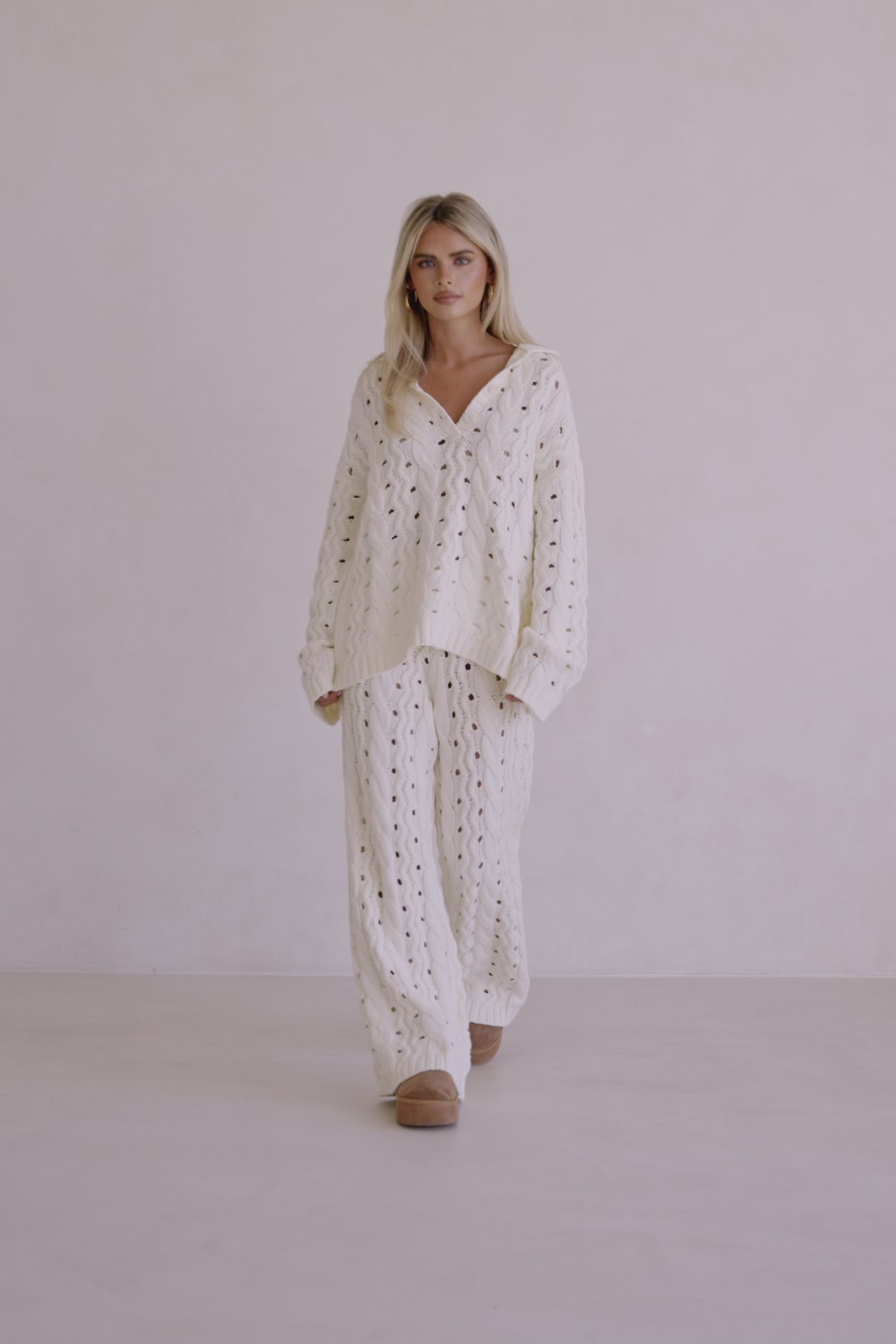 Cream Cable Knit High Waist Wide Leg Elana Pants