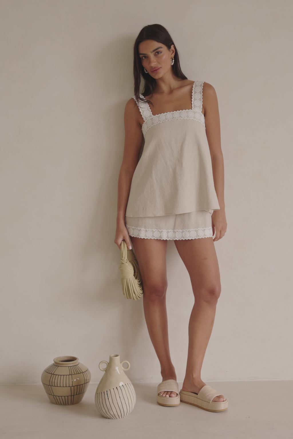 Beige Vintage Lace Detail Mini A-Line Lottie Dress