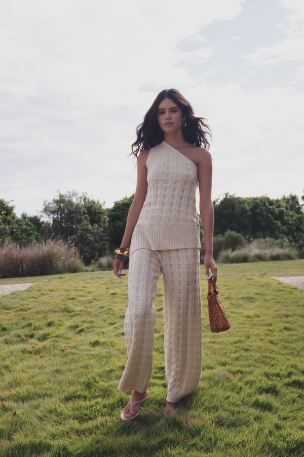 Beige Textured Knit Elastic High Waist Amirah Pants