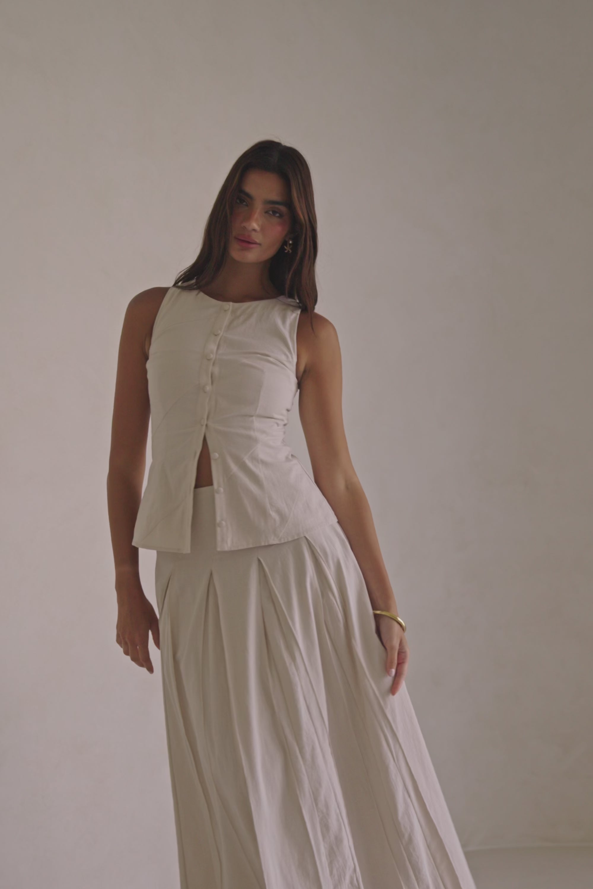 Beige Cotton Round Neck Button Up Panel Adri Top