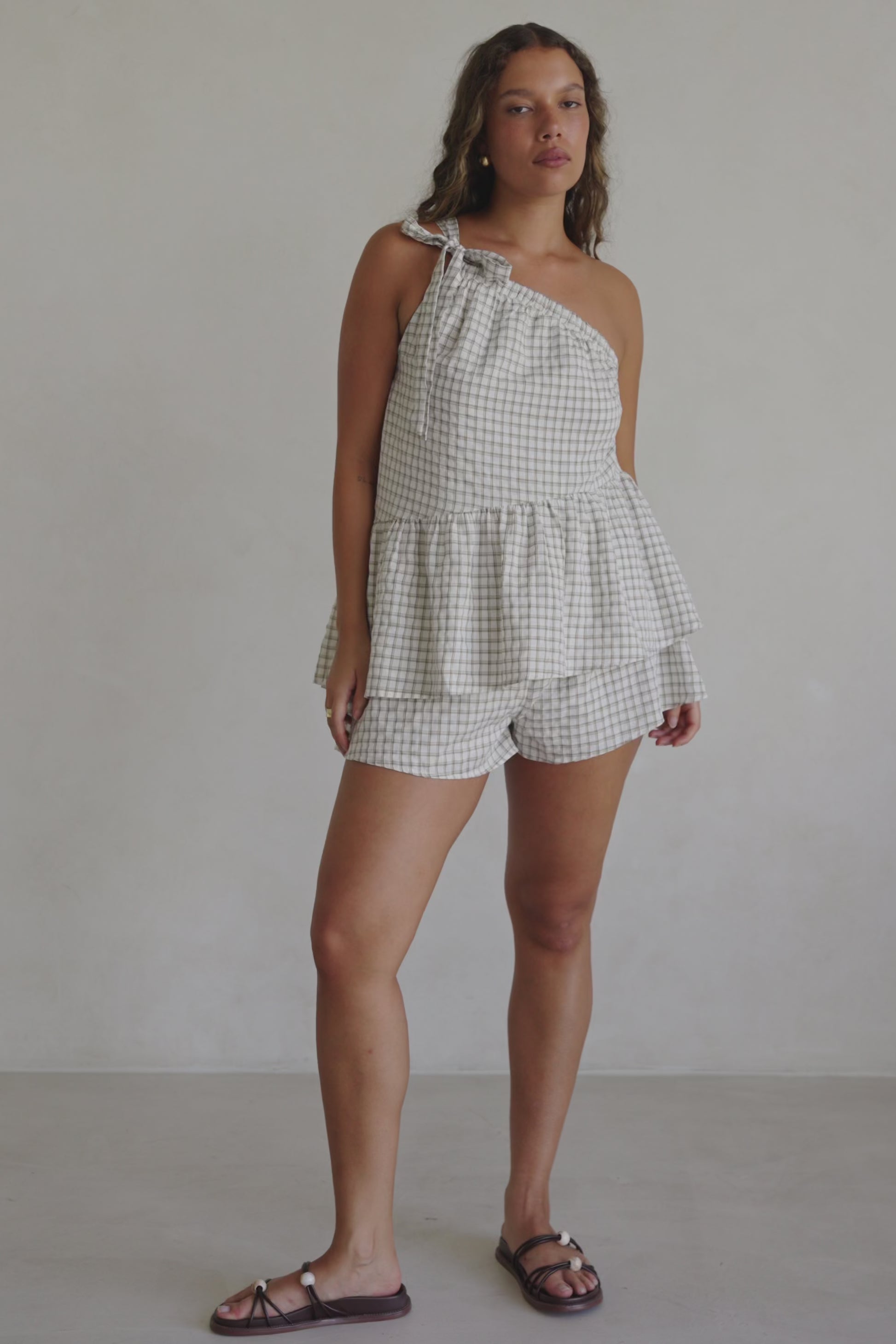 Beige Gingham One Shoulder Backless Charlie Top