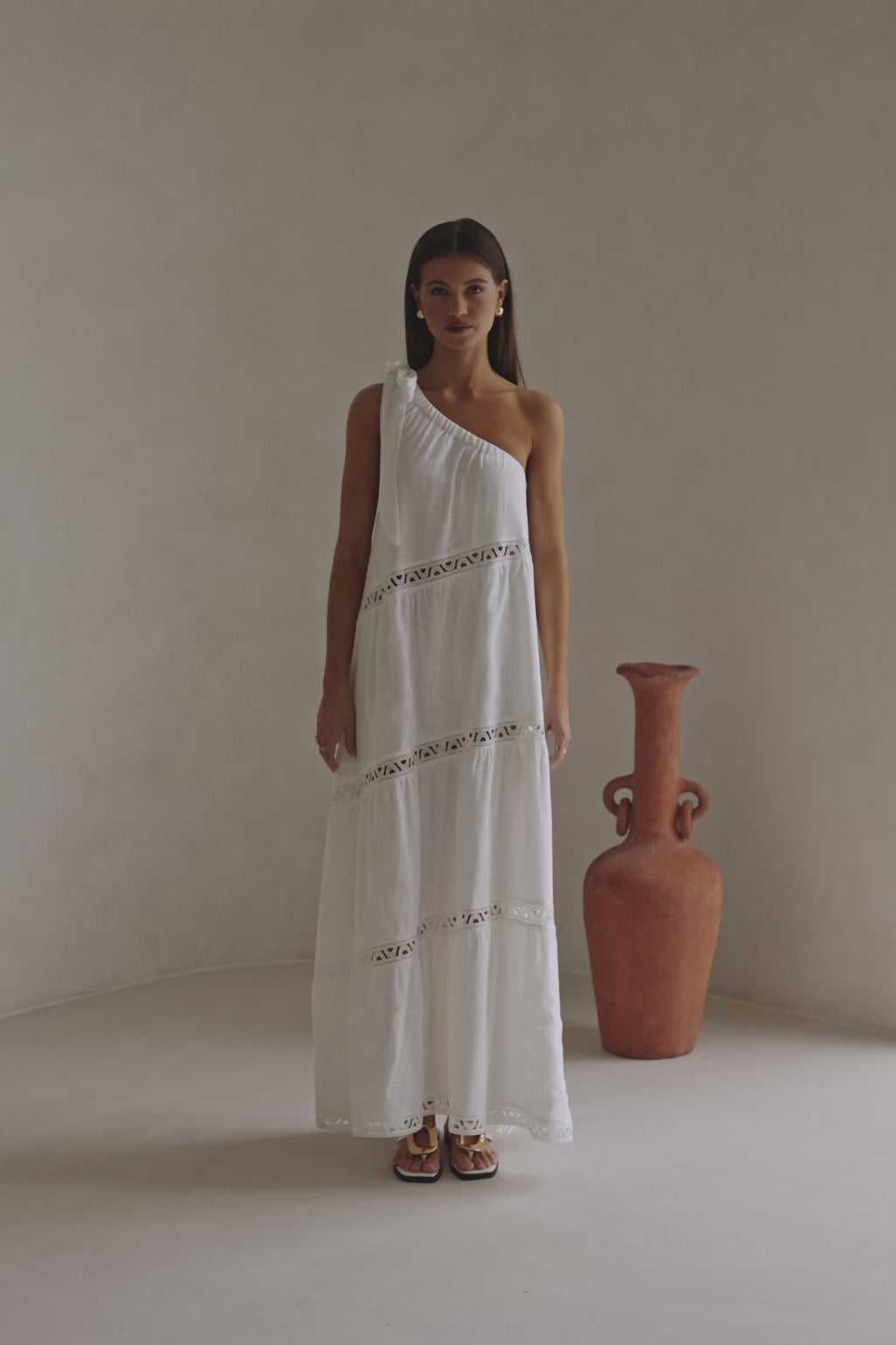 White Cotton One Shoulder Flouncy Maxi Juliette Dress