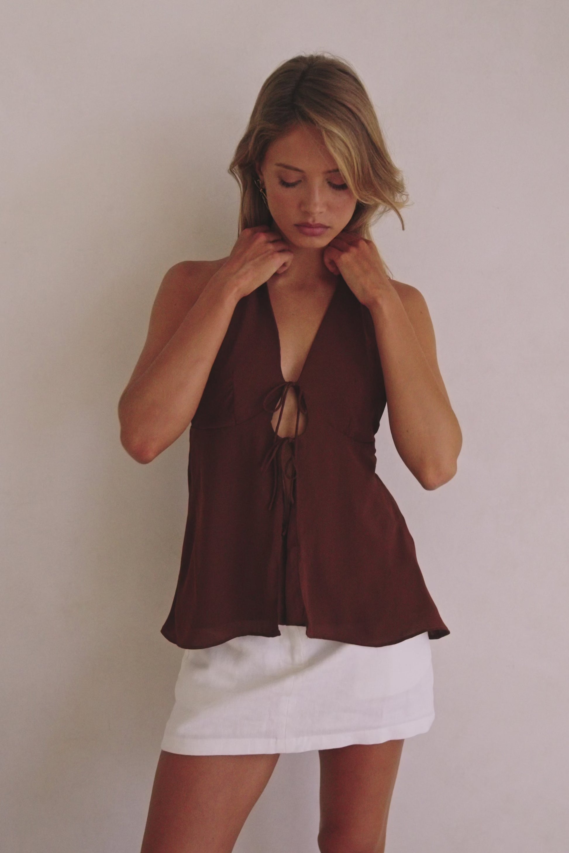 Chocolate Brown V Neck Halter Liora Top