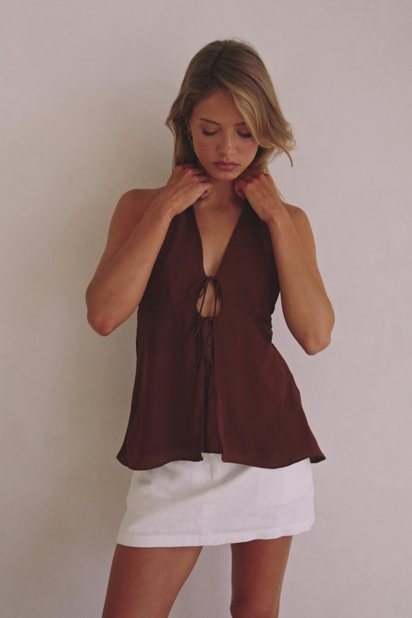 Chocolate Brown V Neck Halter Liora Top