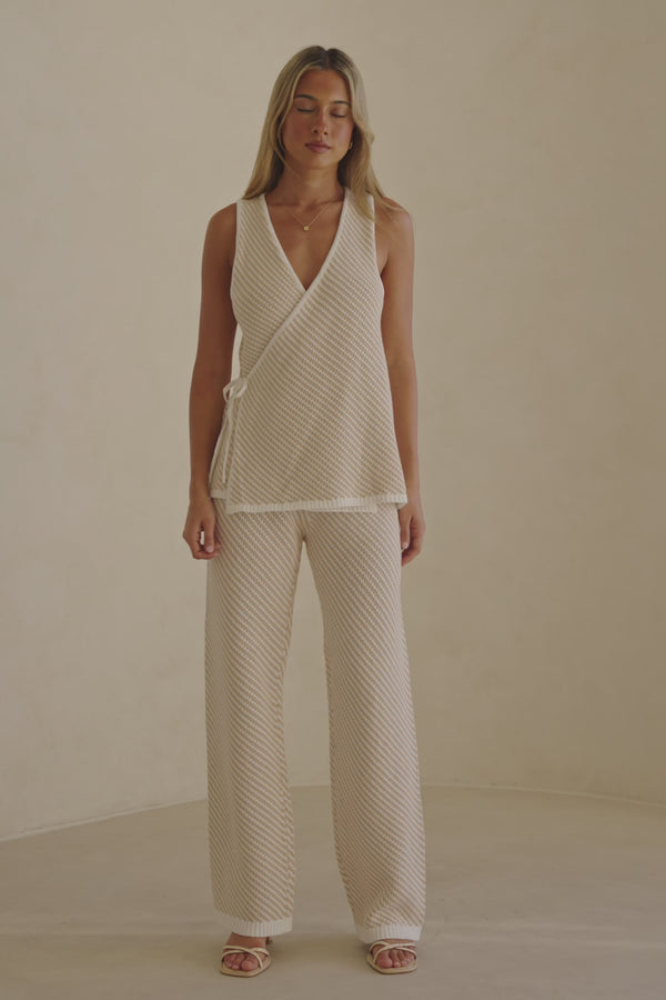 Beige and White Stripe Woven Wrap Billy Top