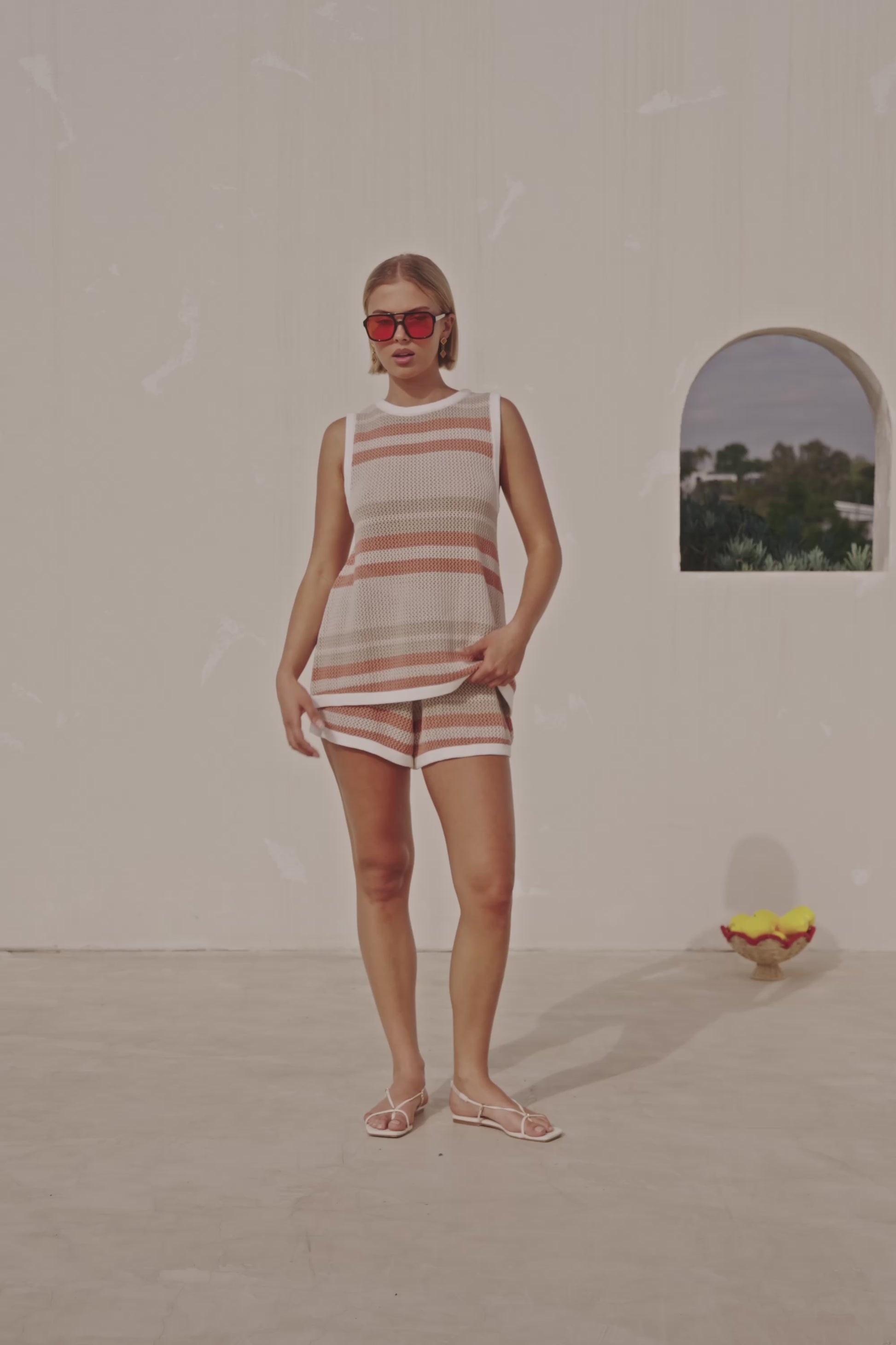 Tan and Cream Stripe Crochet Elastic Kiama Shorts