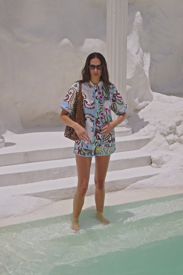 Blue Floral Paradesios Print Button Up Cassia Shirt