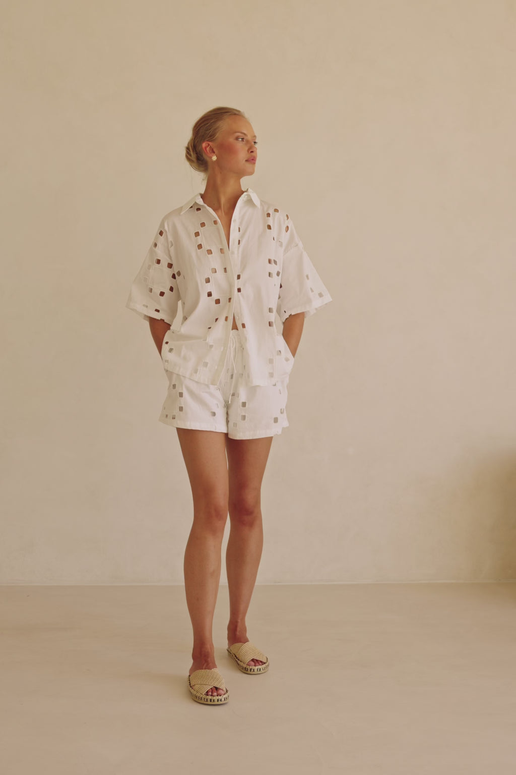 Ellakai Button Up Short Sleeve Cutout Top - Cutwork Print - White