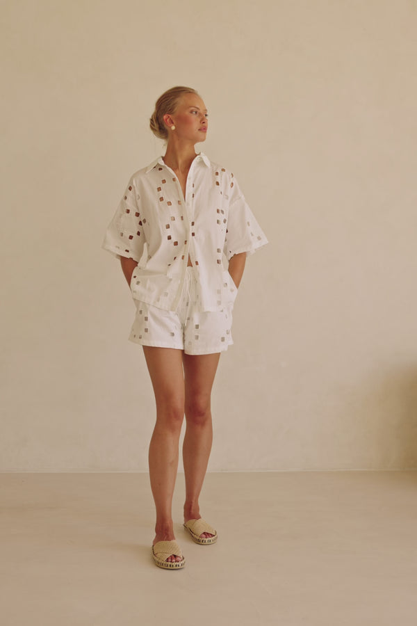 Ellakai Button Up Short Sleeve Cutout Top - Cutwork Print - White