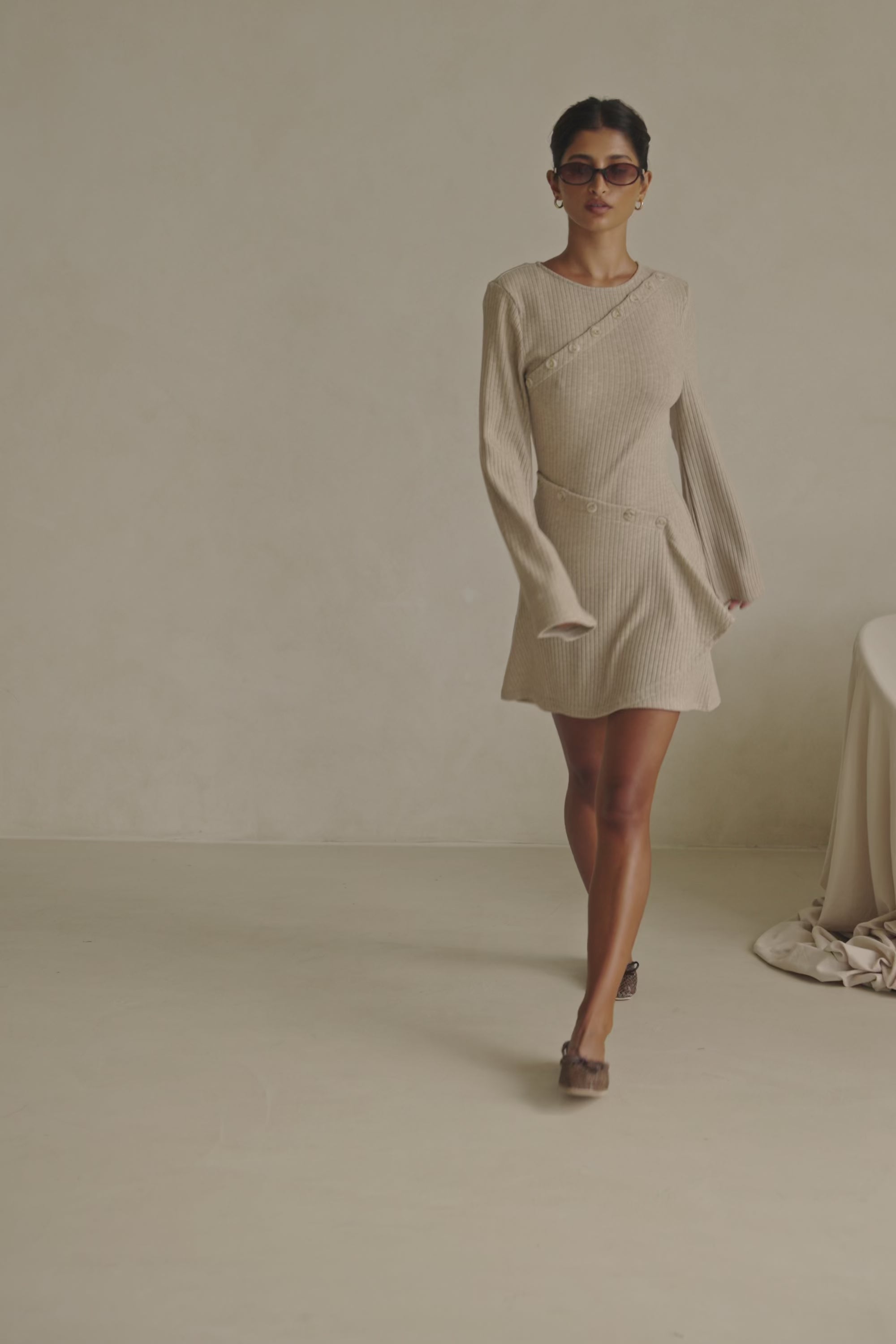 Tan Ribbed Long Sleeve Button Mini Alexia Dress