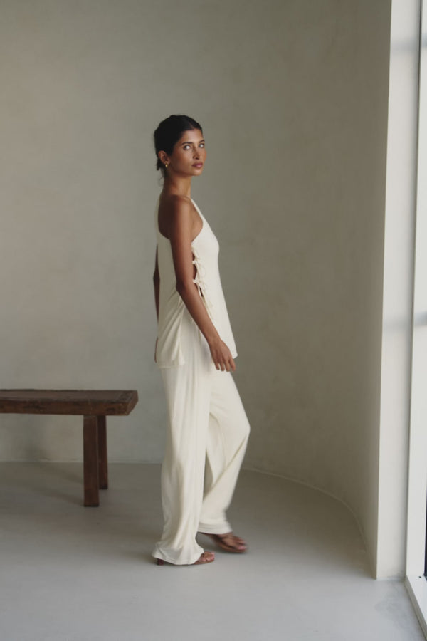 Cream High Waist Elastic Drawstring Zen Pants