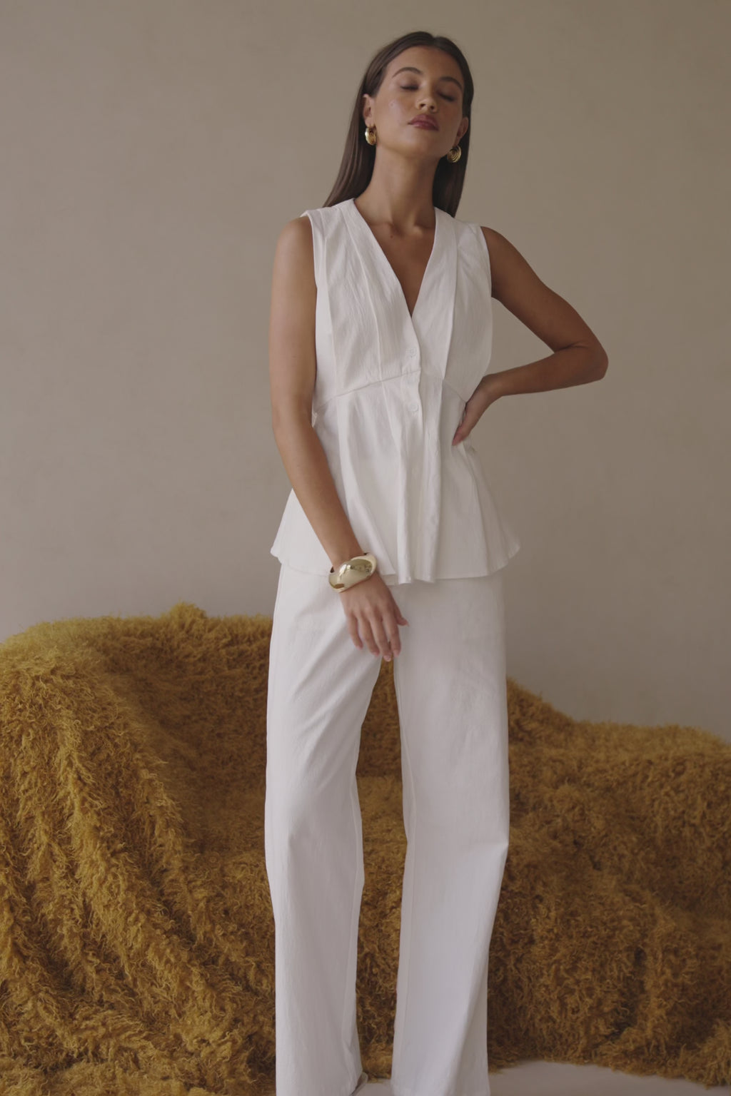 White Structured V Neck Pleated Vespera Top
